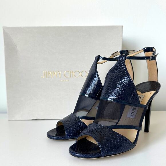 Jimmy Choo Timbus 100 Snakeskin Mesh Heel Sandal Navy Size 39 - Picture 4 of 16